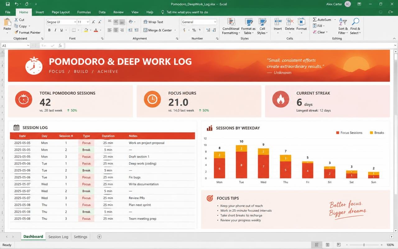 Pomodoro & Deep Work Log dashboard preview